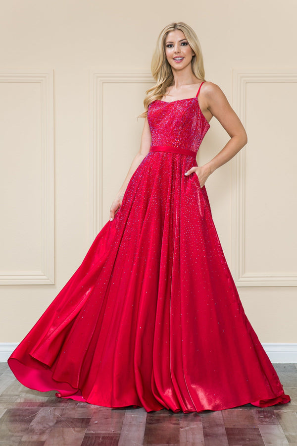V-Neck Floor-Length Sequin Prom Gown with Side Slit Poly USA 8886