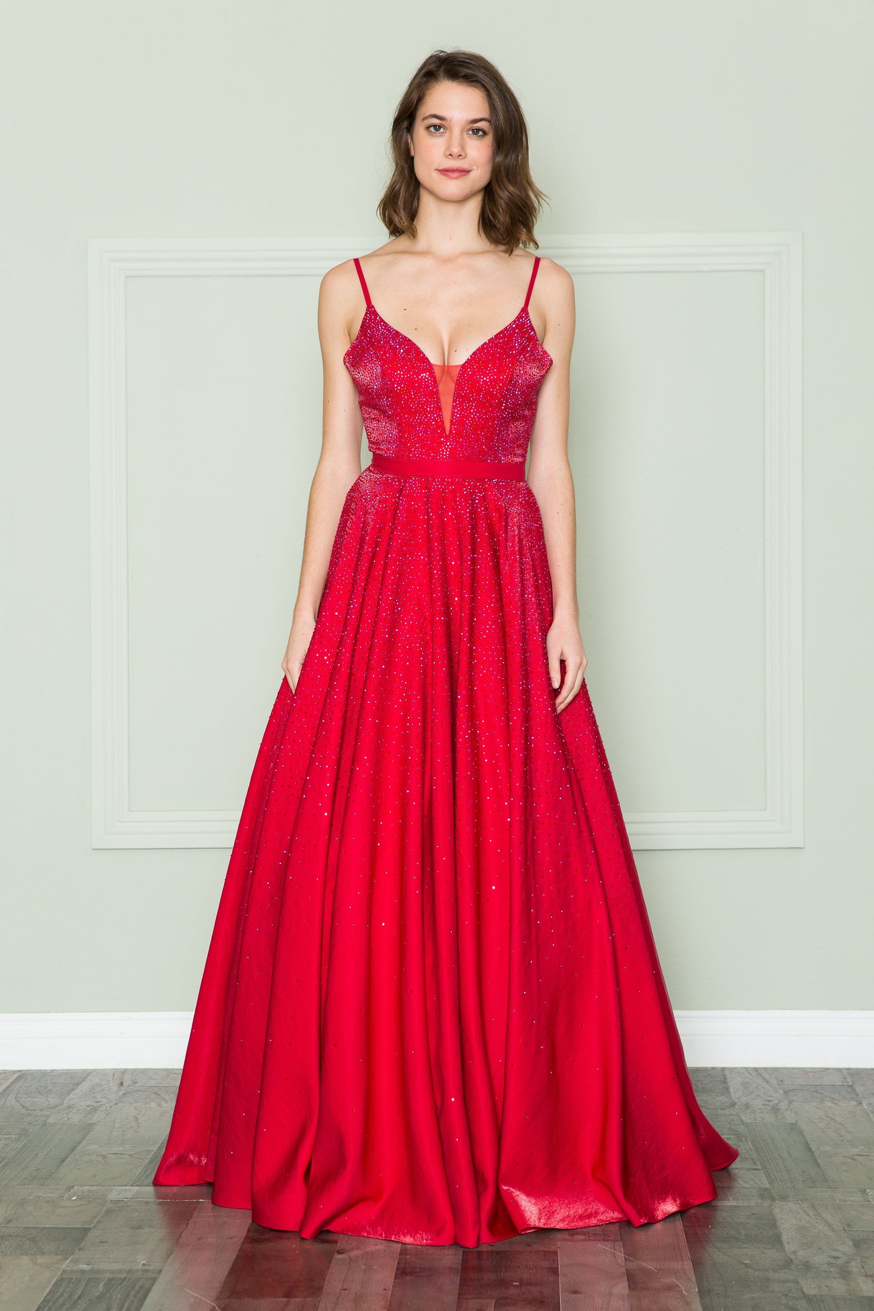 Red V-Neck Floor-Length Sequin Prom Gown with Side Slit Poly USA 8886
