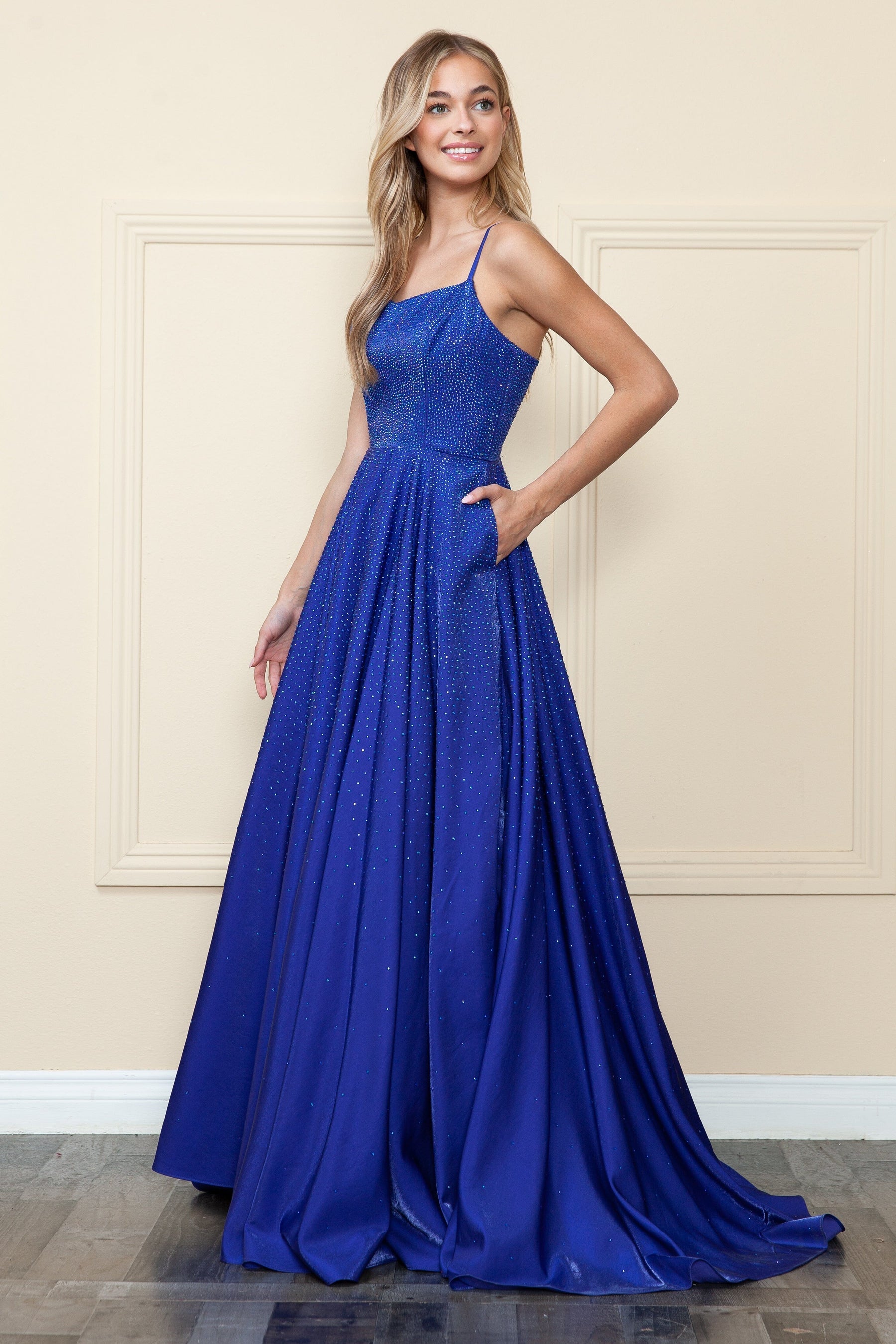 Royal V-Neck Floor-Length Sequin Prom Gown with Side Slit Poly USA 8886