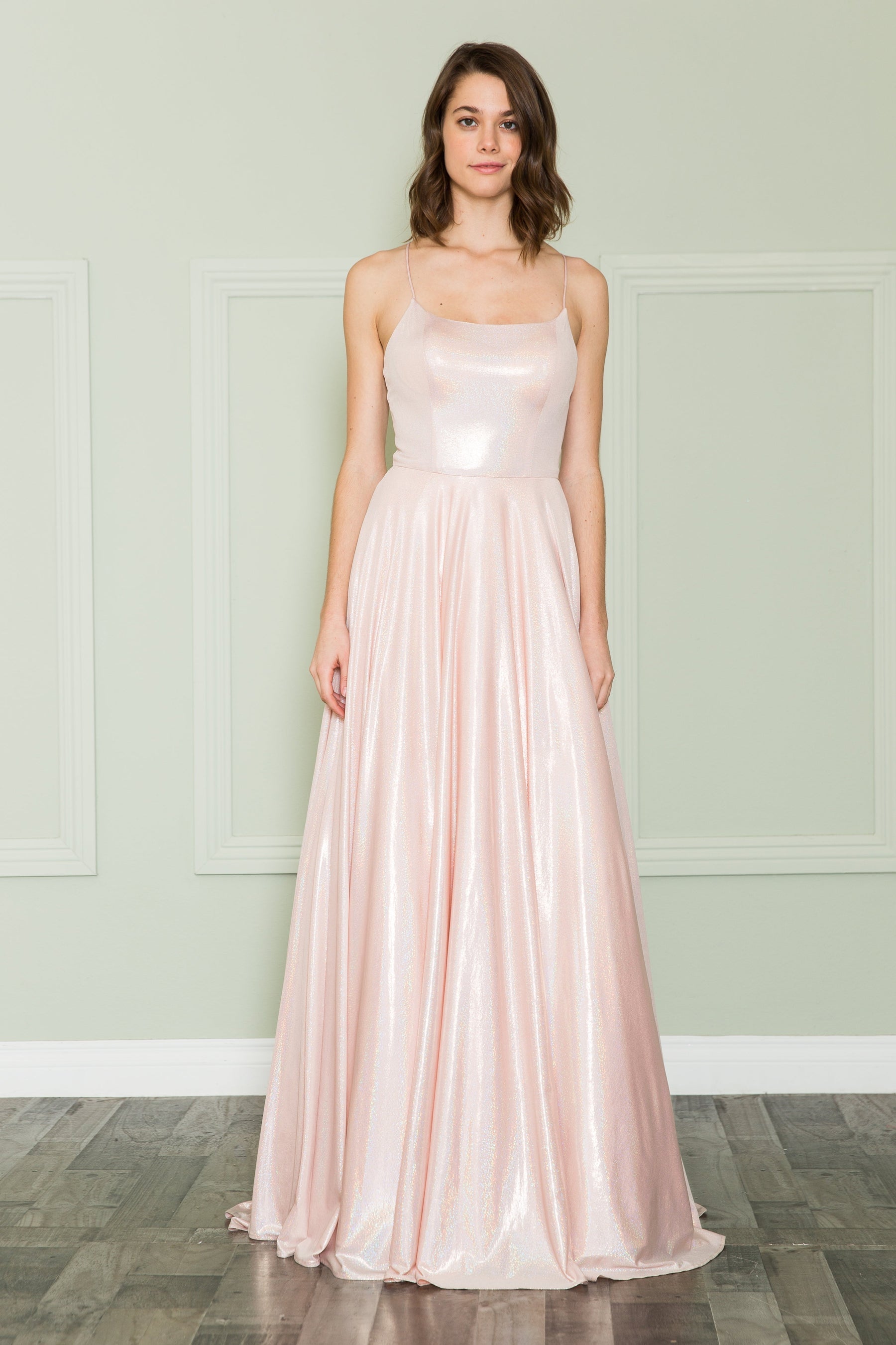 Rose Gold Spaghetti Strap Floor-Length Jersey Evening Gown with Pockets Poly USA 8766