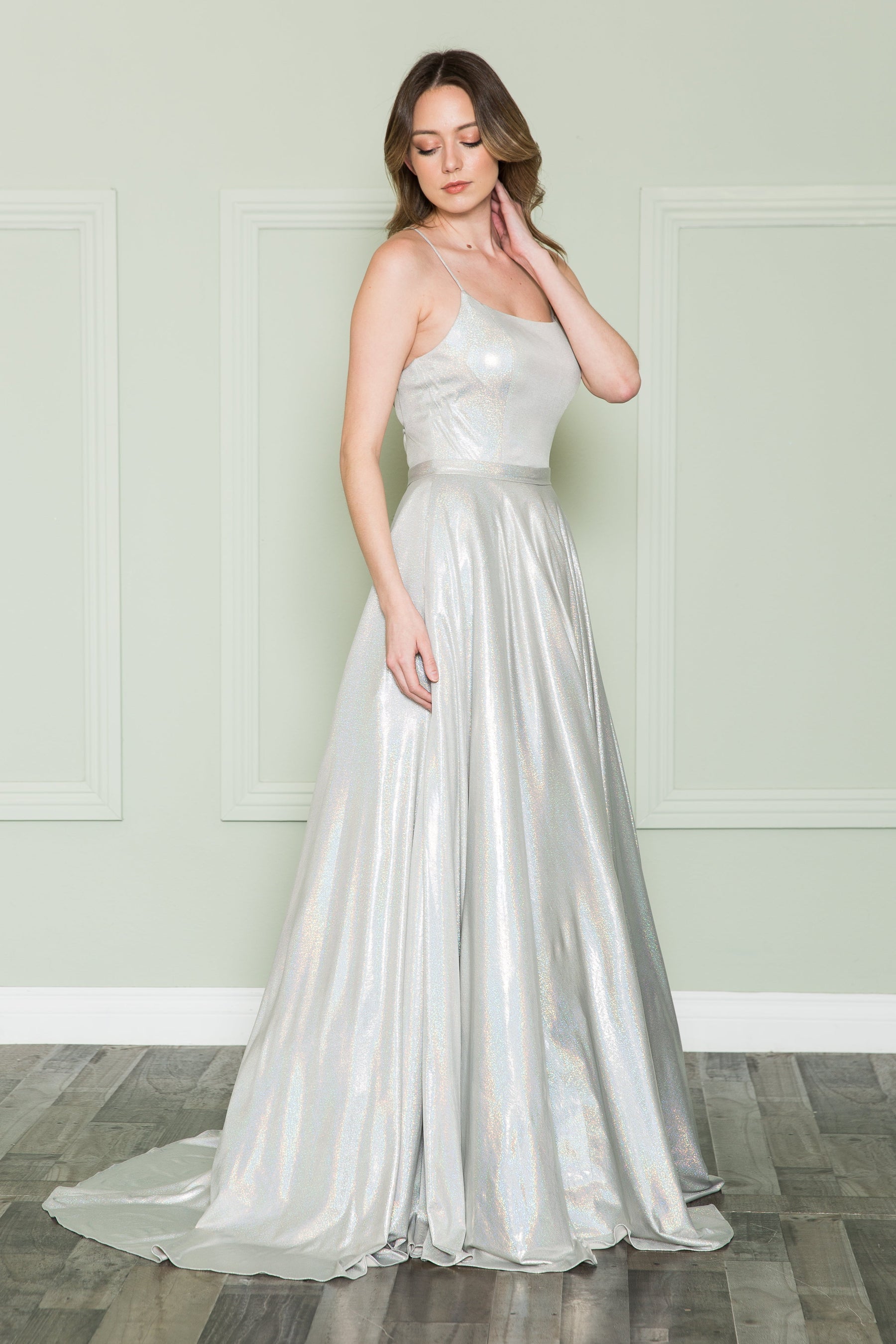Silver Spaghetti Strap Floor-Length Jersey Evening Gown with Pockets Poly USA 8766