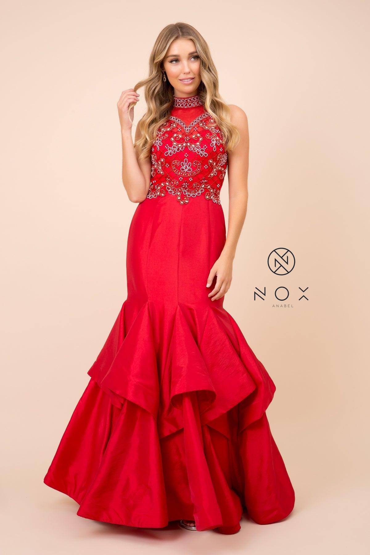 Long Jeweled Bodice Tiered Mermaid Dress