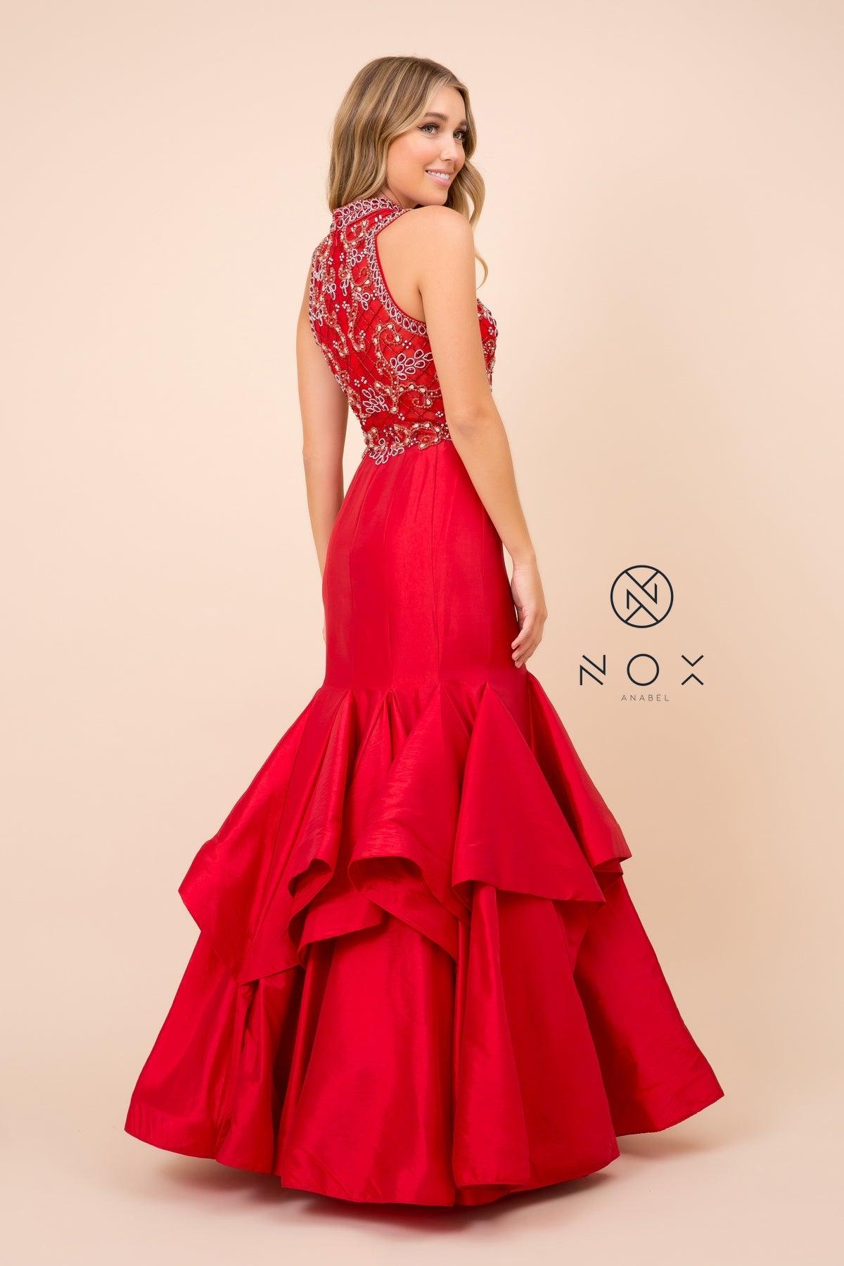 Long Jeweled Bodice Tiered Mermaid Dress