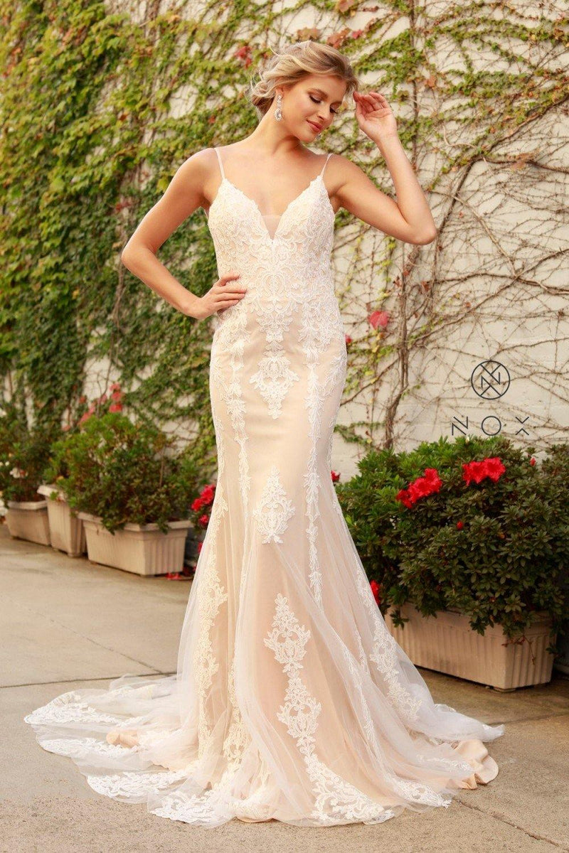Nox Anabel Long Lace Boho Wedding Dress - White Nude - Size 6