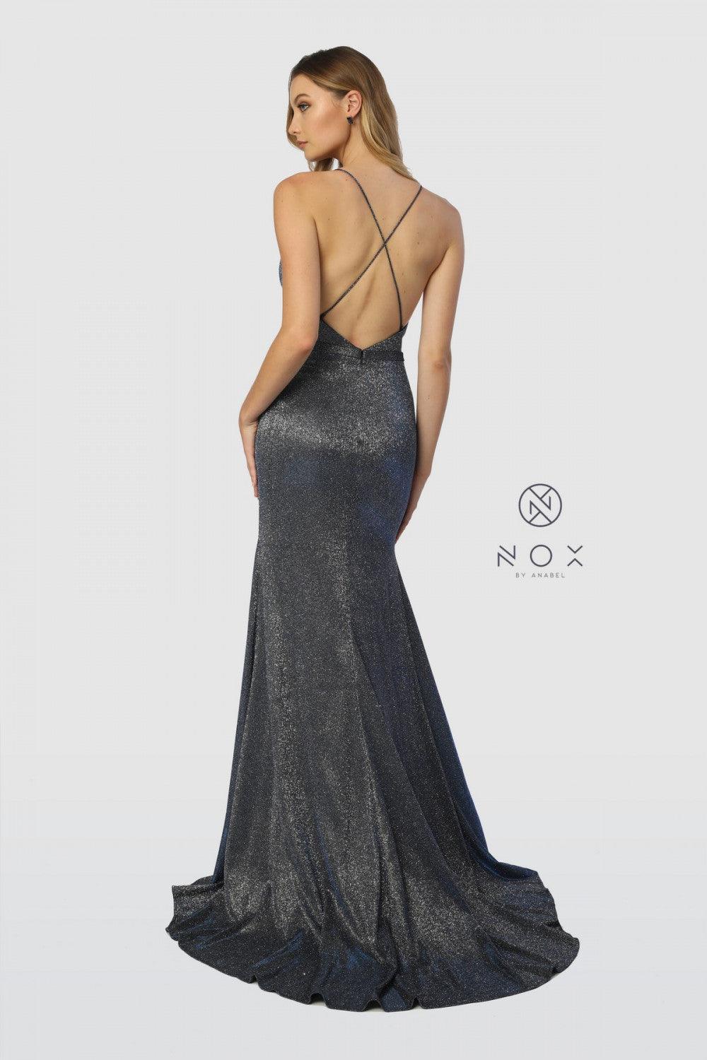 Long Metallic Open Back Prom Dress Evening Gown