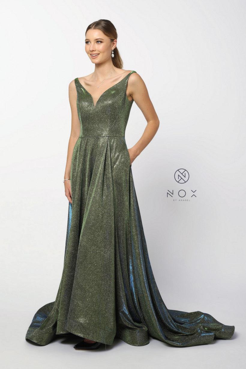 Long Metallic Prom Dress Evening Gown with Pockets - The Dress Outlet Nox Anabel