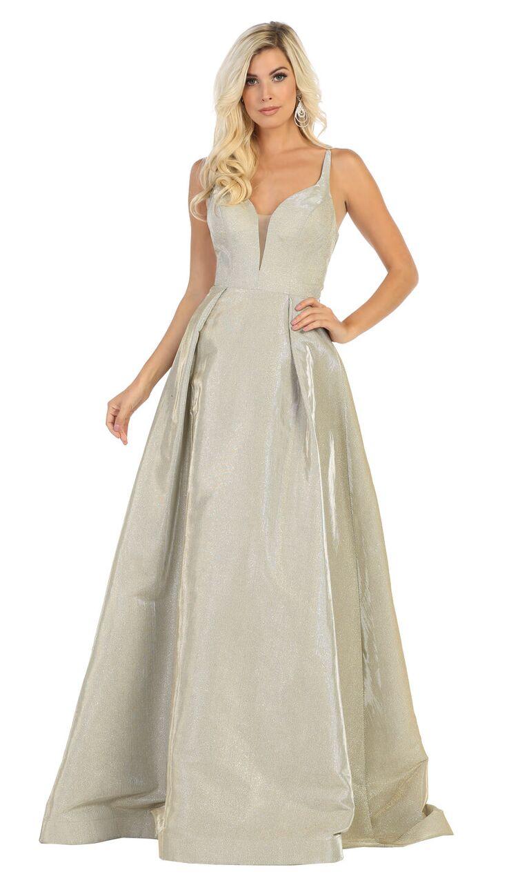 Long Metallic Prom Dress Formal Evening Ball Gown - The Dress Outlet May Queen