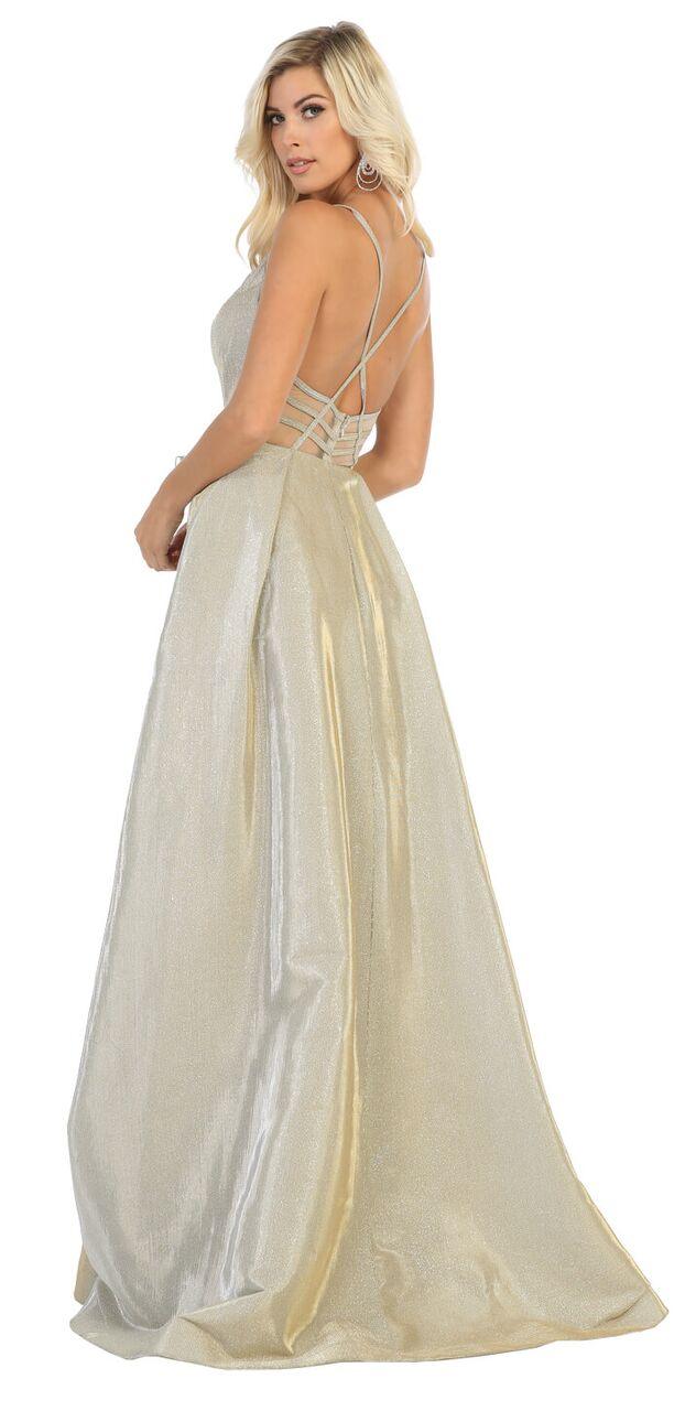 Long Metallic Prom Dress Formal Evening Ball Gown - The Dress Outlet May Queen