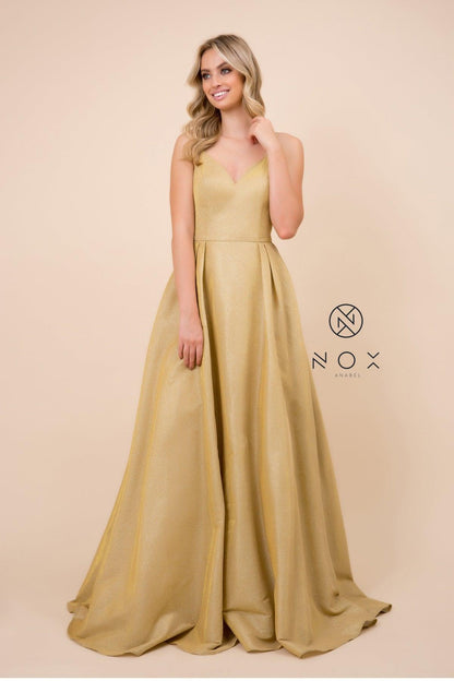 Long Metallic V Neck Formal Prom Dress Evening Gown - The Dress Outlet Nox Anabel