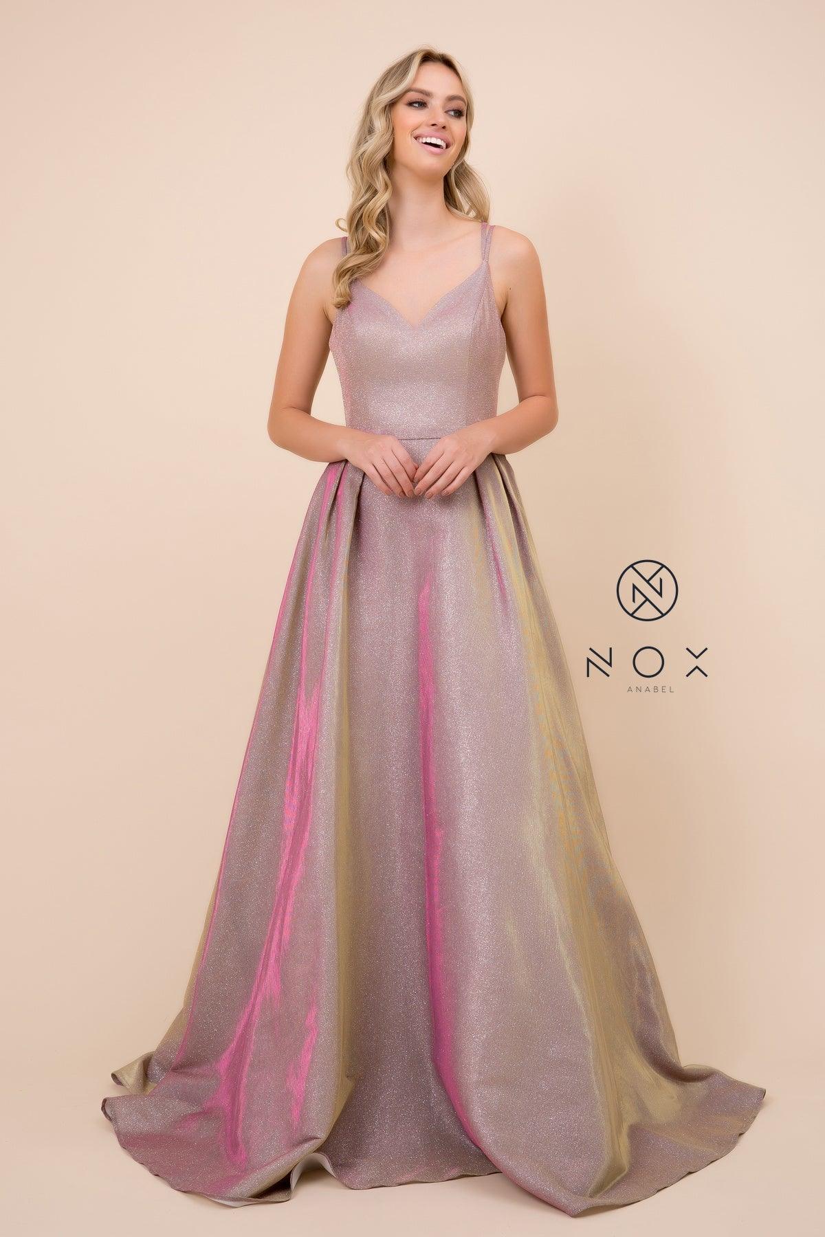 Long Metallic V Neck Formal Prom Dress Evening Gown - The Dress Outlet Nox Anabel