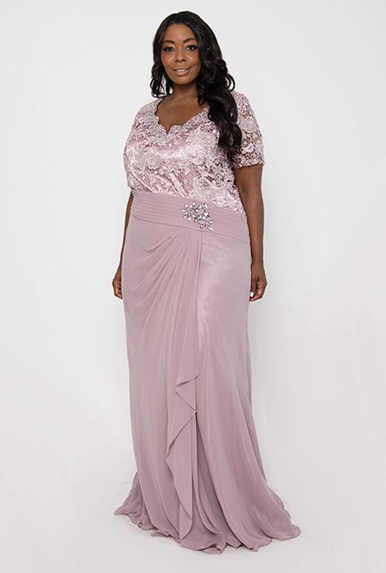 Long Mother of the Bride Short Sleeve Dress - The Dress Outlet May Queen