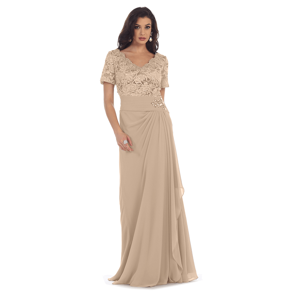 Long Mother of the Bride Short Sleeve Dress - The Dress Outlet May Queen