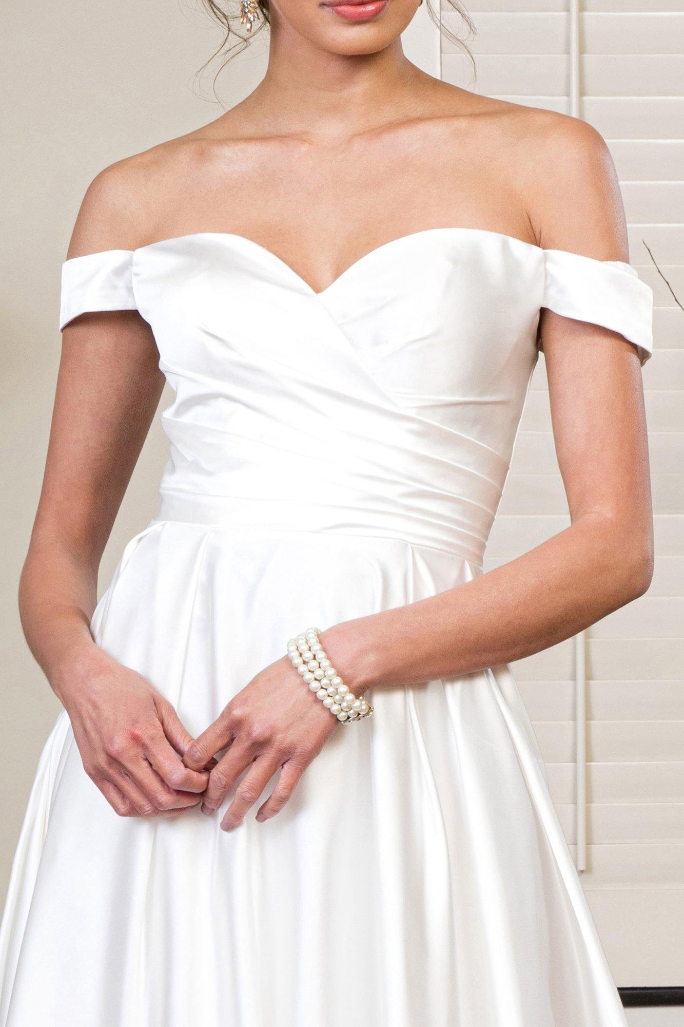 Long Off Shoulder A Line Wedding Gown - The Dress Outlet
