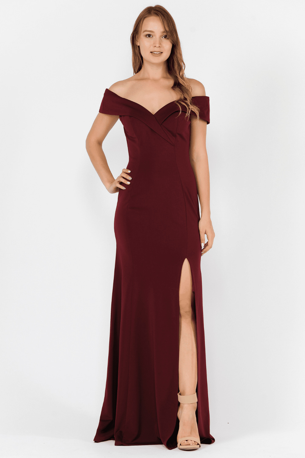 Burgundy Off-the-Shoulder Floor-Length Scuba Formal Gown with Front Slit Poly USA 8258