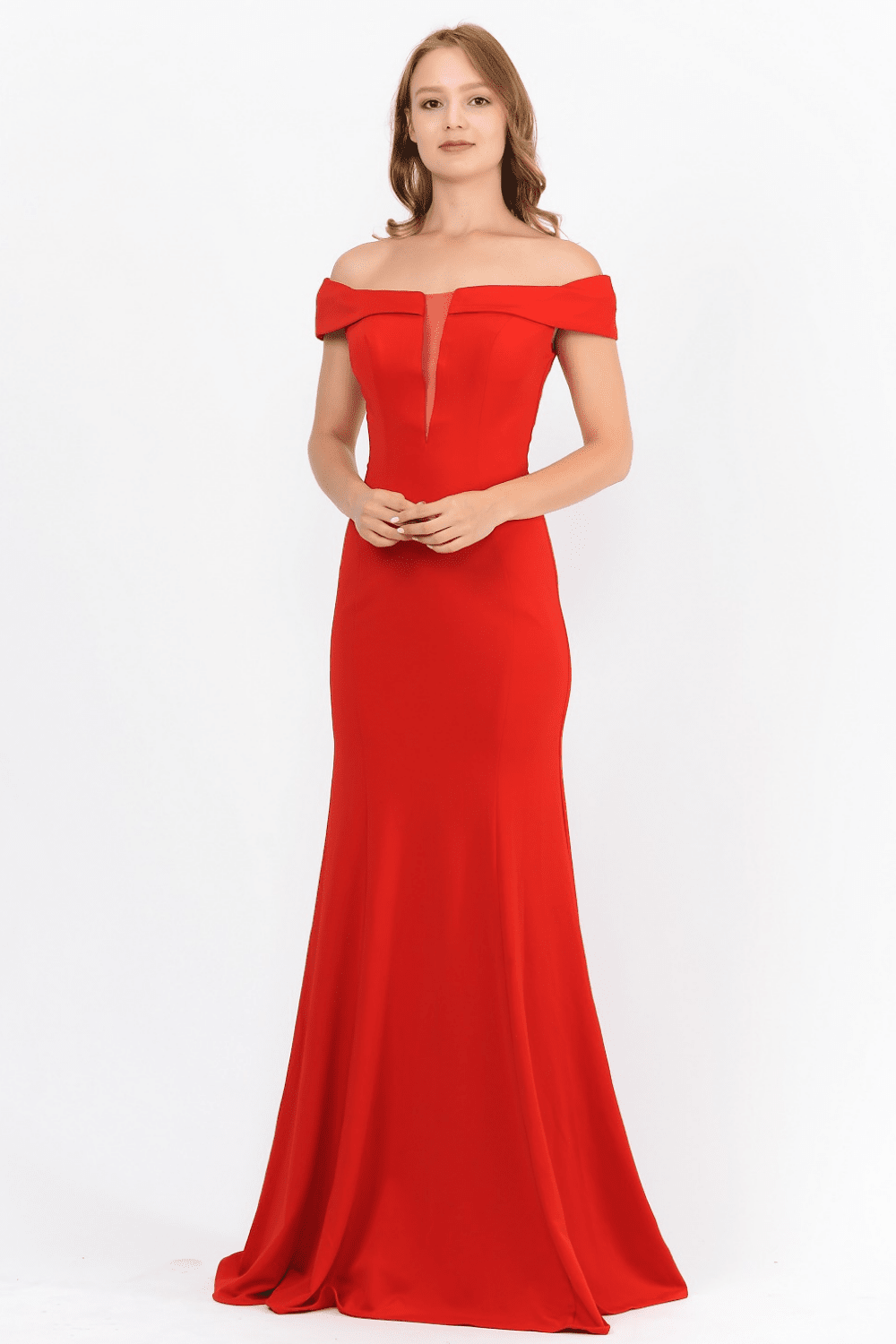 Red Off-the-Shoulder Floor-Length Scuba Prom Dress with Illusion V-Plunge and Mermaid Silhouette Poly USA 8462