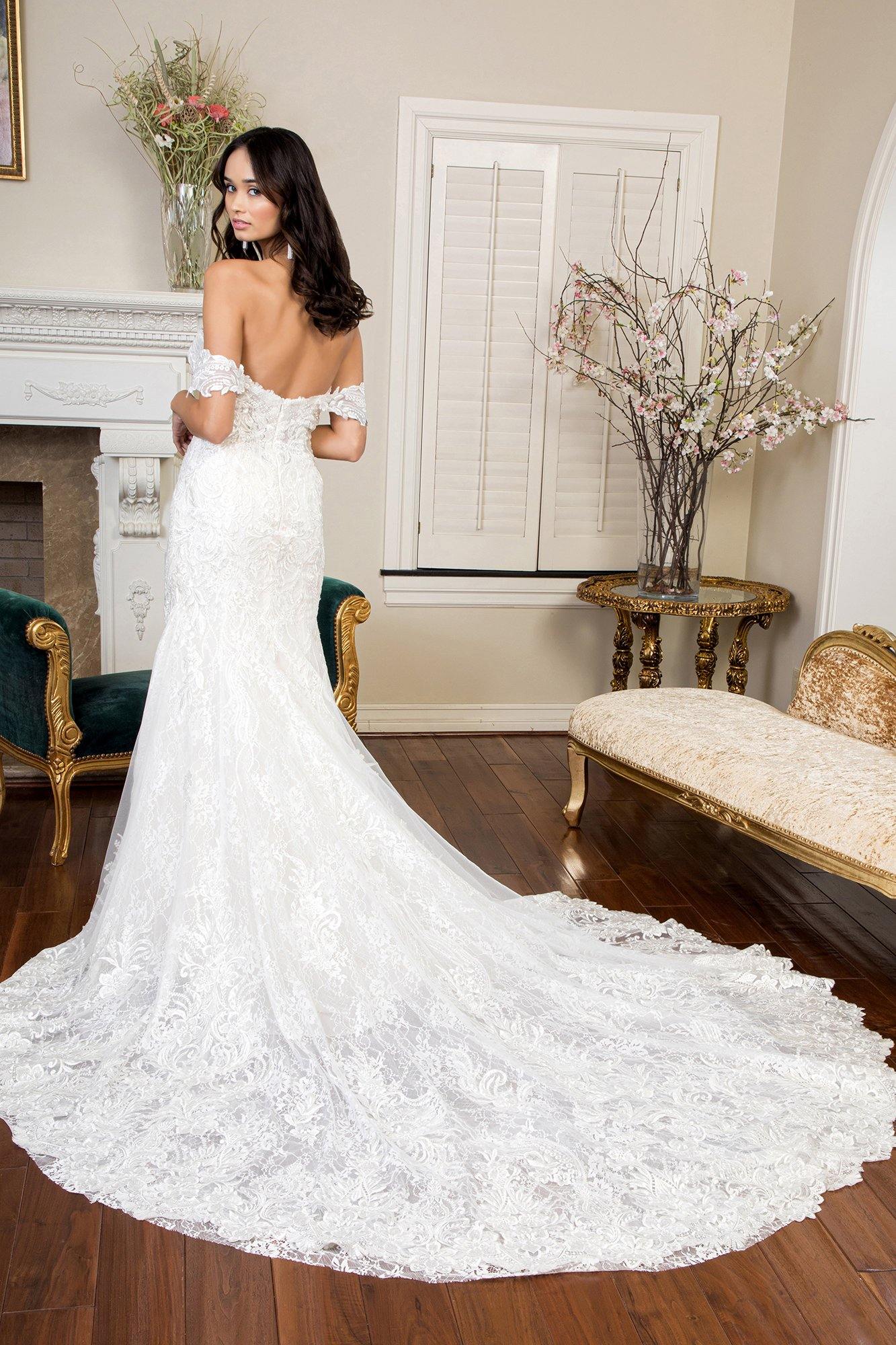Long Off Shoulder Embroidered Mesh Wedding Gown