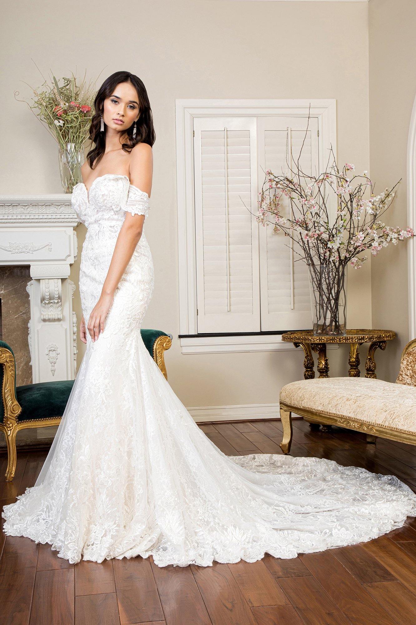 Off White Long Off Shoulder Embroidered Mesh Wedding Gown - Formal Off White Long Off Shoulder Embroidered Mesh Wedding Gown - Formal