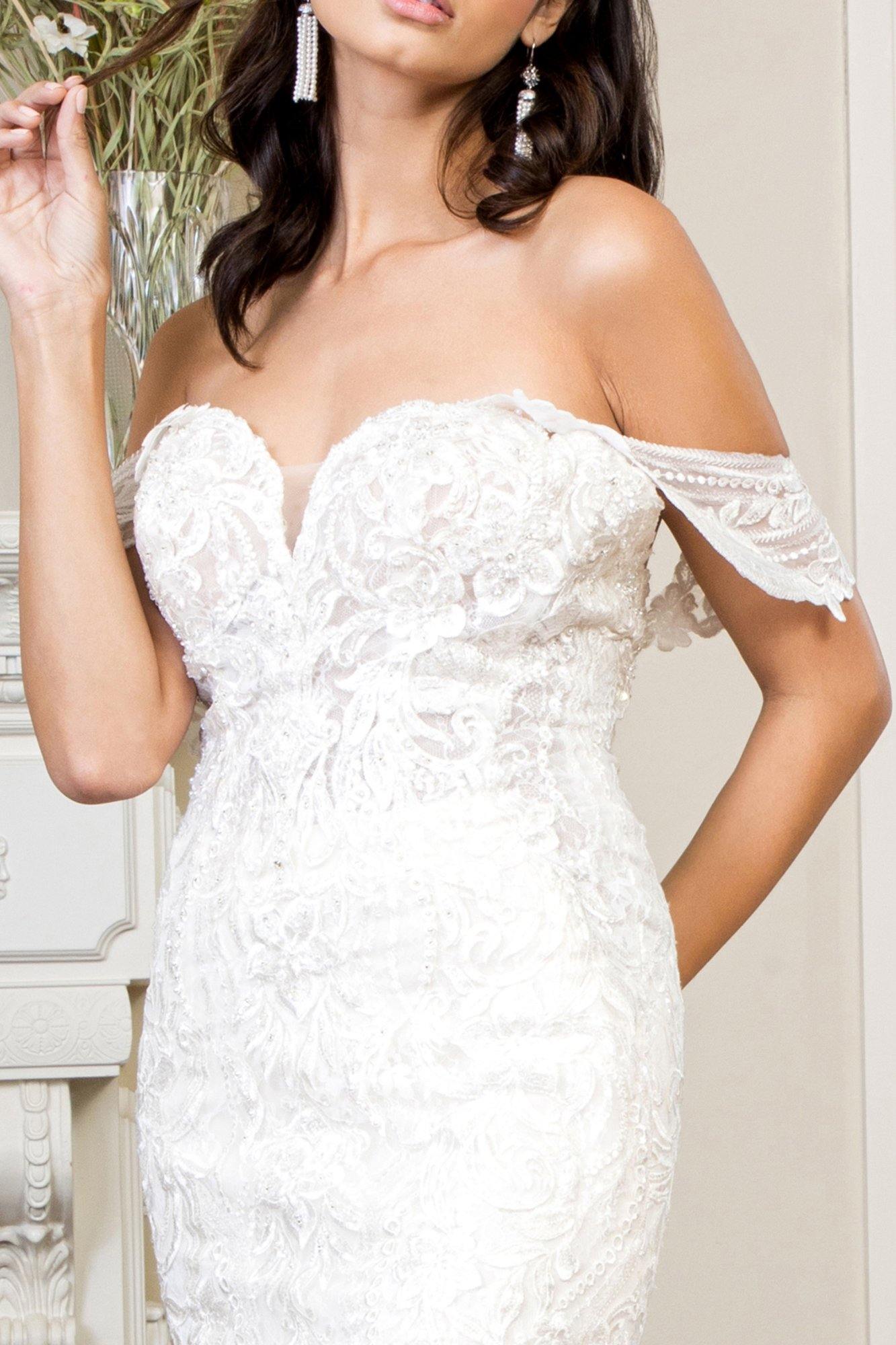 Long Off Shoulder Embroidered Mesh Wedding Gown