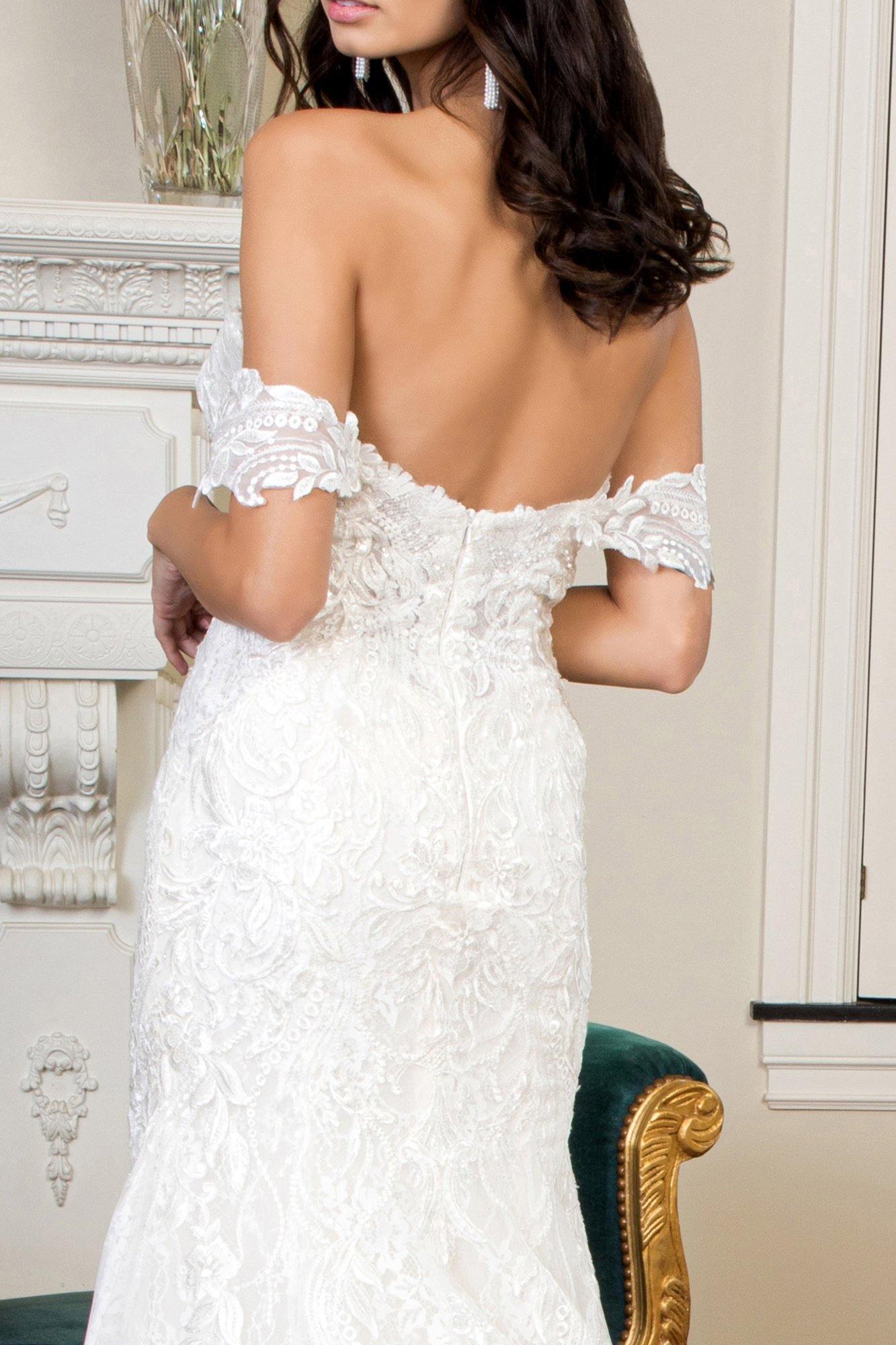 Long Off Shoulder Embroidered Mesh Wedding Gown