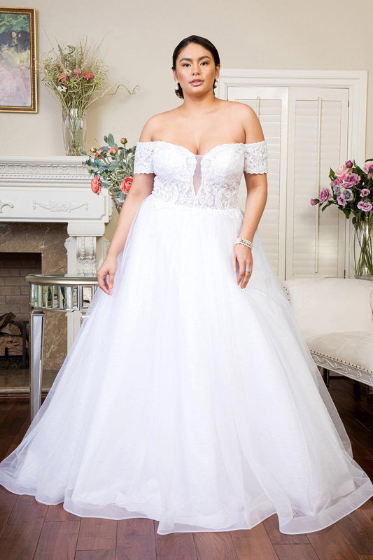 Long Off Shoulder Glitter Mesh Wedding Gown - The Dress Outlet
