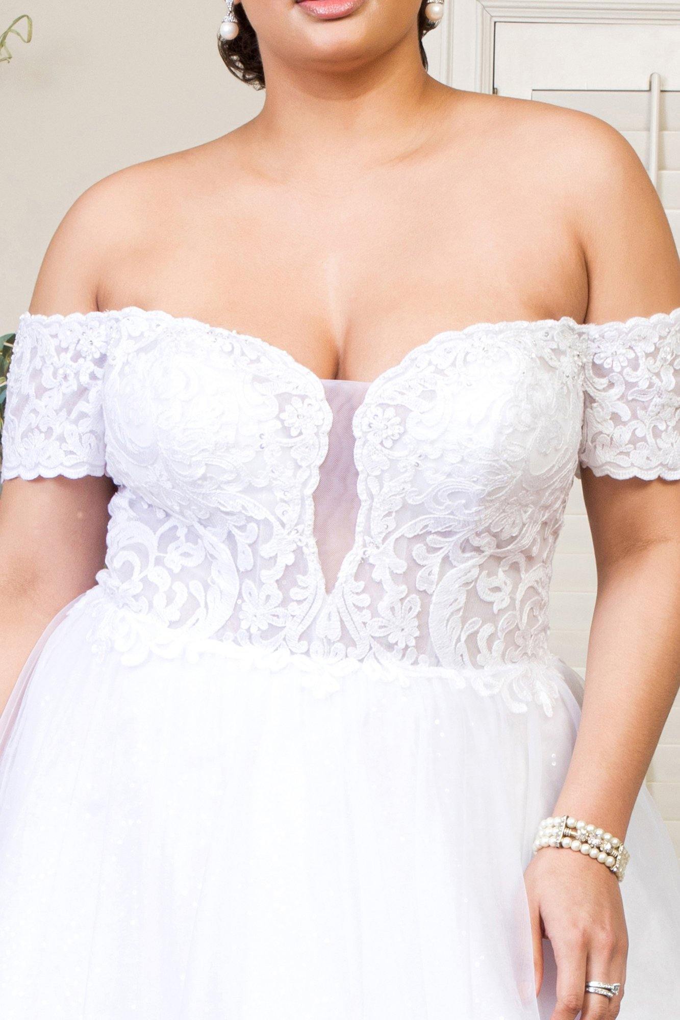 Long Off Shoulder Glitter Mesh Wedding Gown - The Dress Outlet