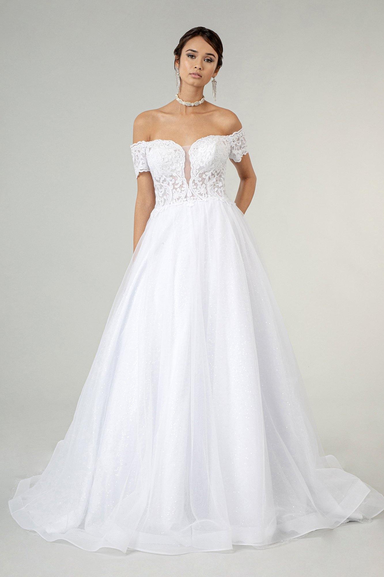 Long Off Shoulder Glitter Mesh Wedding Gown - White / M Long Off Shoulder Glitter Mesh Wedding Gown - White / M