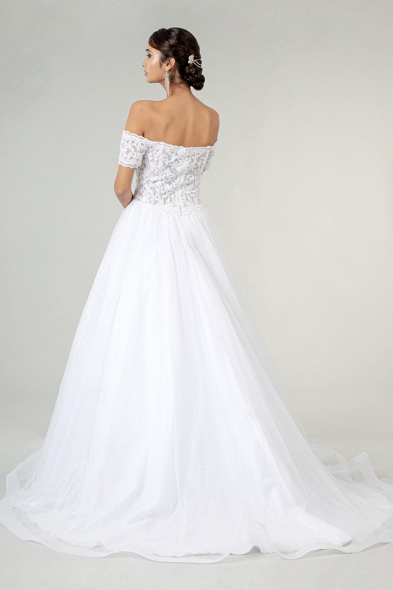 Long Off Shoulder Glitter Mesh Wedding Gown - White / M Long Off Shoulder Glitter Mesh Wedding Gown - White / M