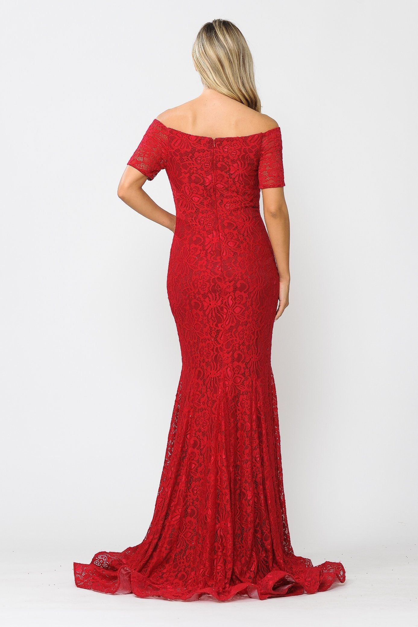 Red Off-the-Shoulder Floor-Length Lace Prom Mermaid Gown with Beaded Accents Poly USA 8596