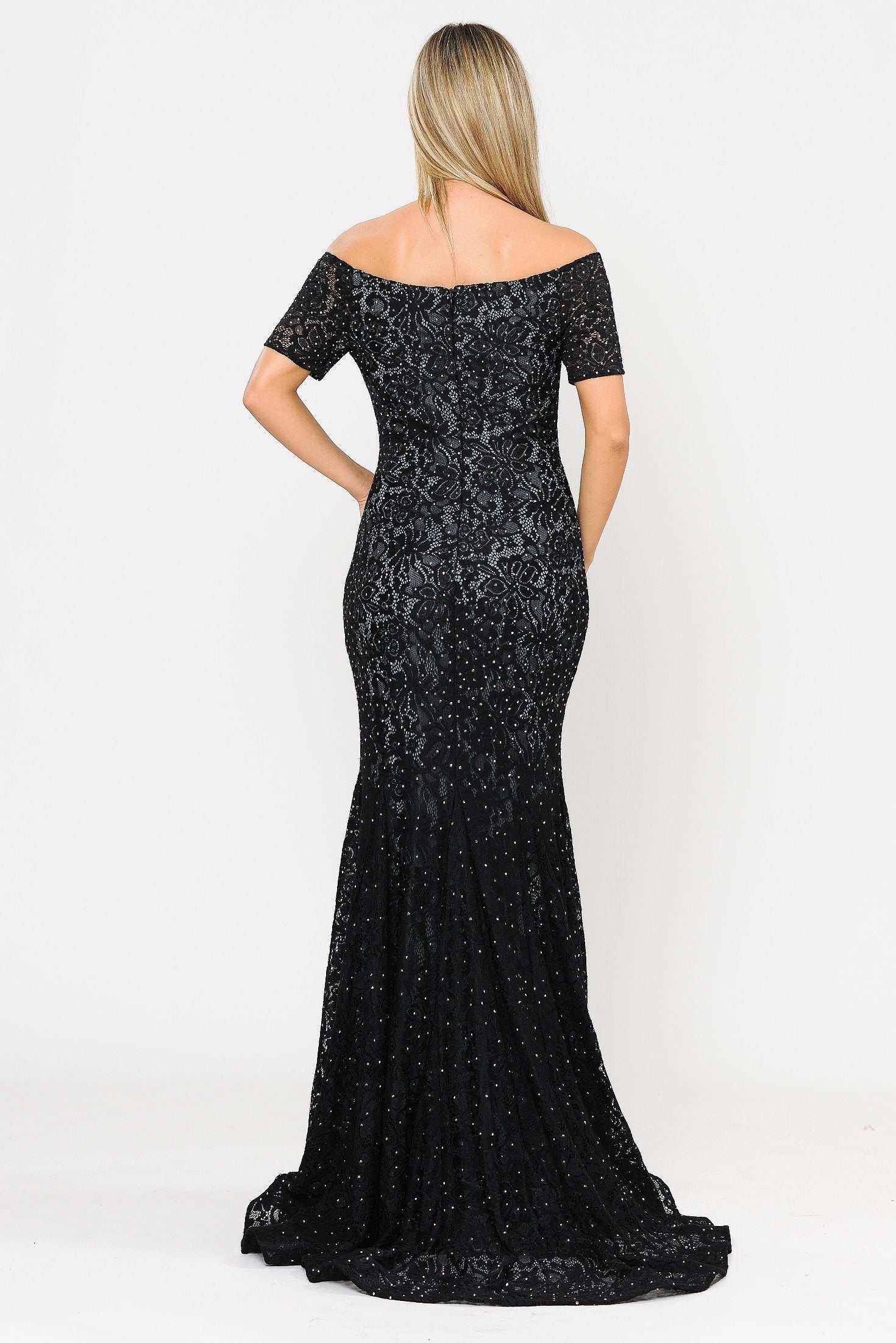 Black Off-the-Shoulder Floor-Length Lace Prom Mermaid Gown with Beaded Accents Poly USA 8596