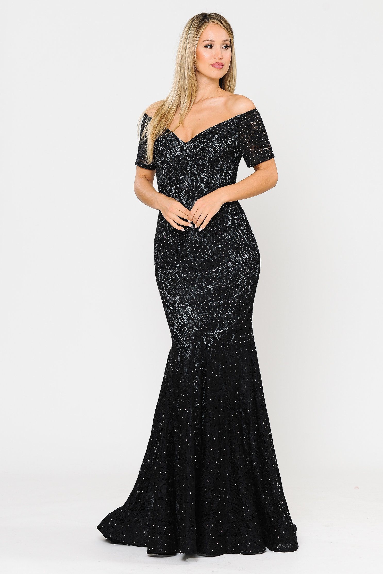 Black Off-the-Shoulder Floor-Length Lace Prom Mermaid Gown with Beaded Accents Poly USA 8596