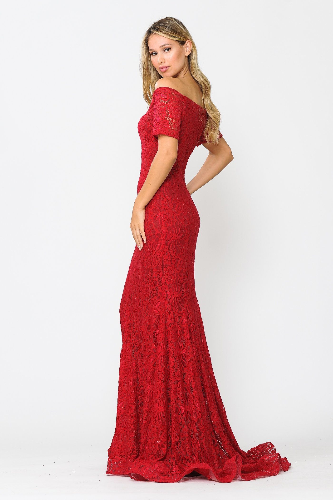 Red Off-the-Shoulder Floor-Length Lace Prom Mermaid Gown with Beaded Accents Poly USA 8596