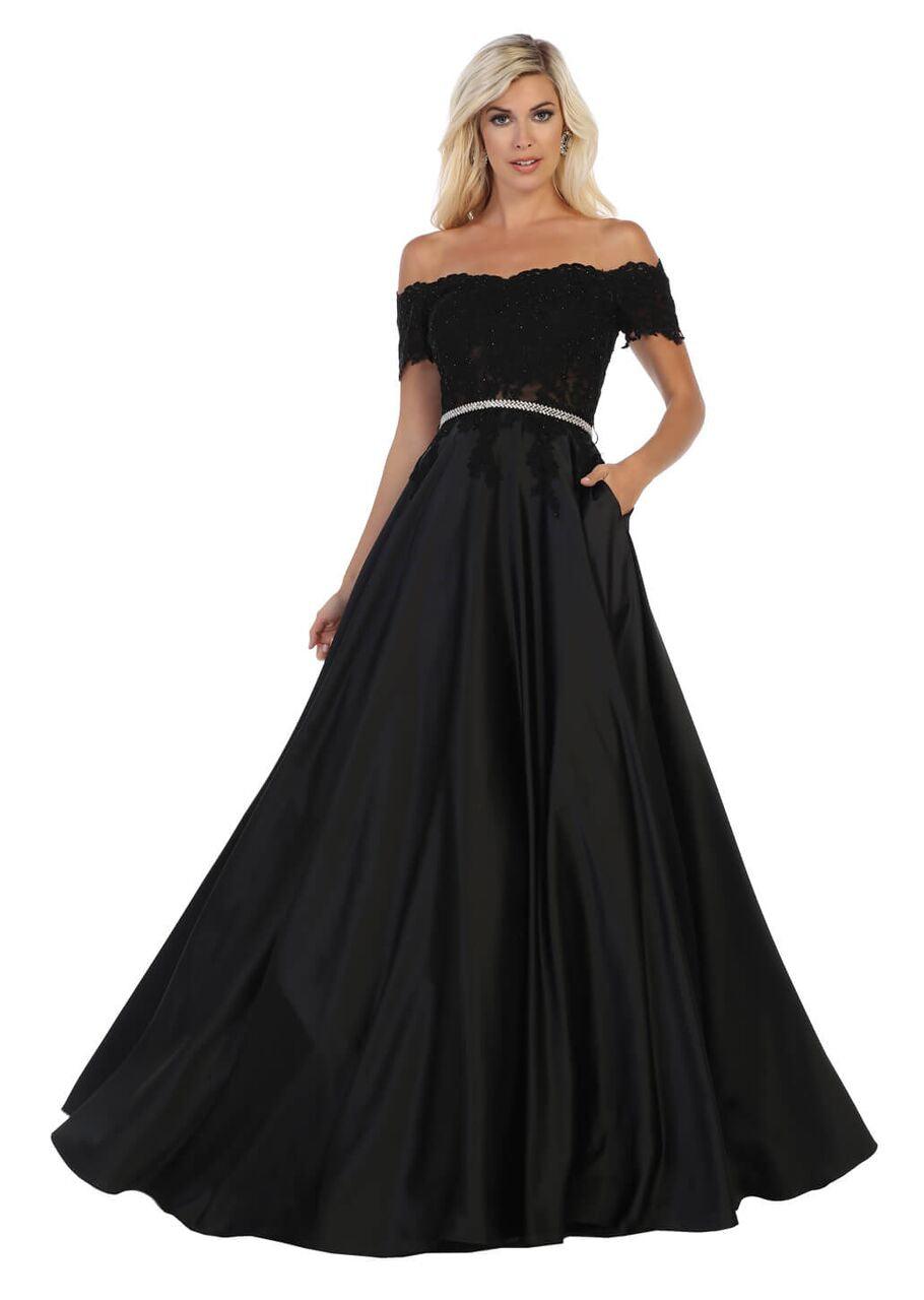 Long Off Shoulder Satin Skirt Prom Dress Evening Gown - The Dress Outlet May Queen