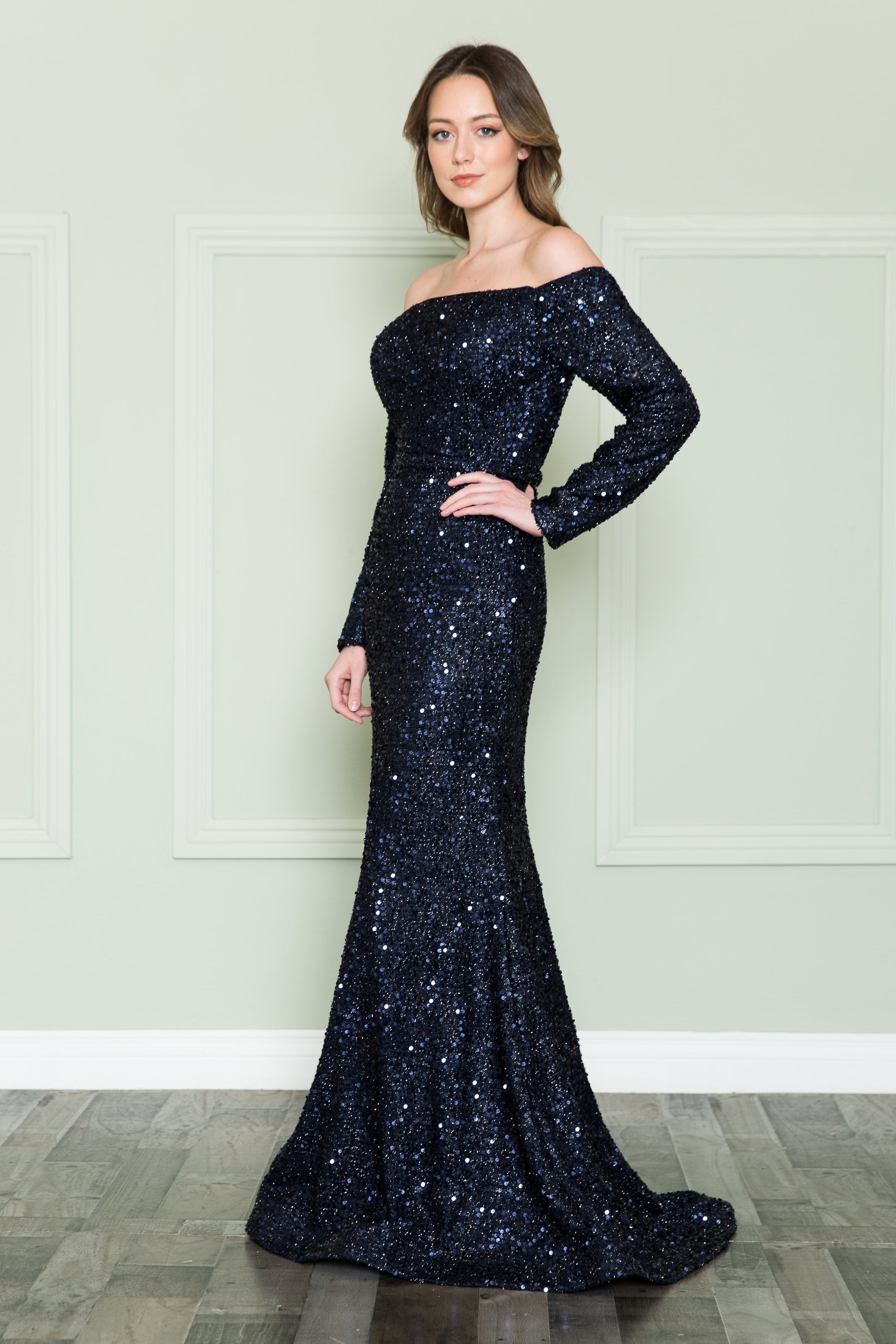 Navy Off-the-Shoulder Floor-Length Sequin Formal Mermaid Gown Poly USA 8876