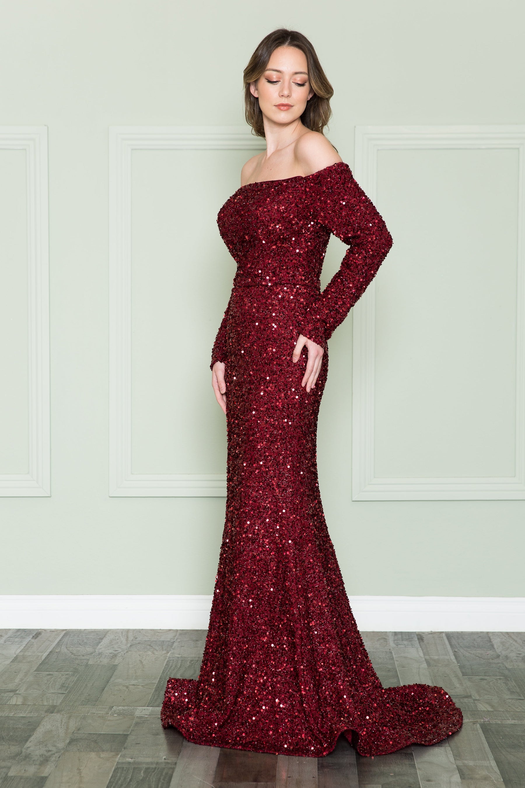 Wine Off-the-Shoulder Floor-Length Sequin Formal Mermaid Gown Poly USA 8876