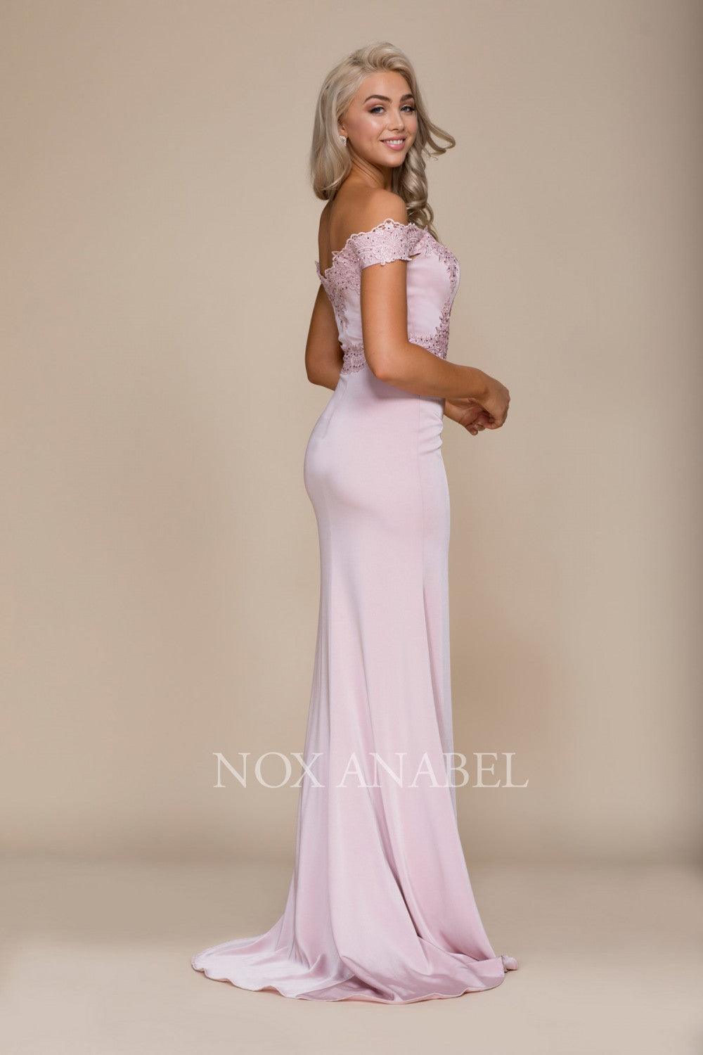Long Off The Shoulder Embroidered Prom Dress - The Dress Outlet Nox Anabel