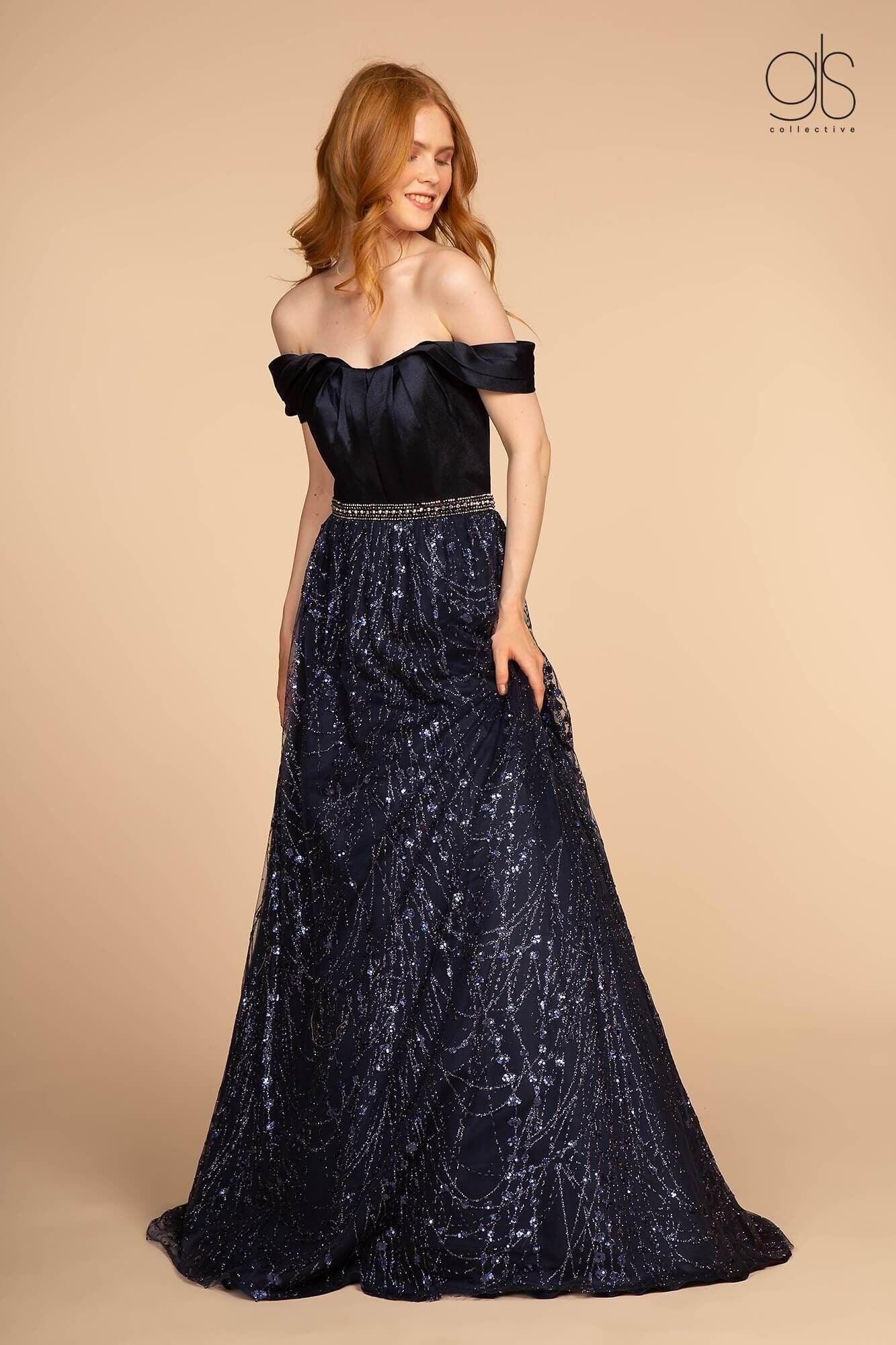 Long Off the Shoulder Glitter Print Prom Dress - The Dress Outlet Elizabeth K