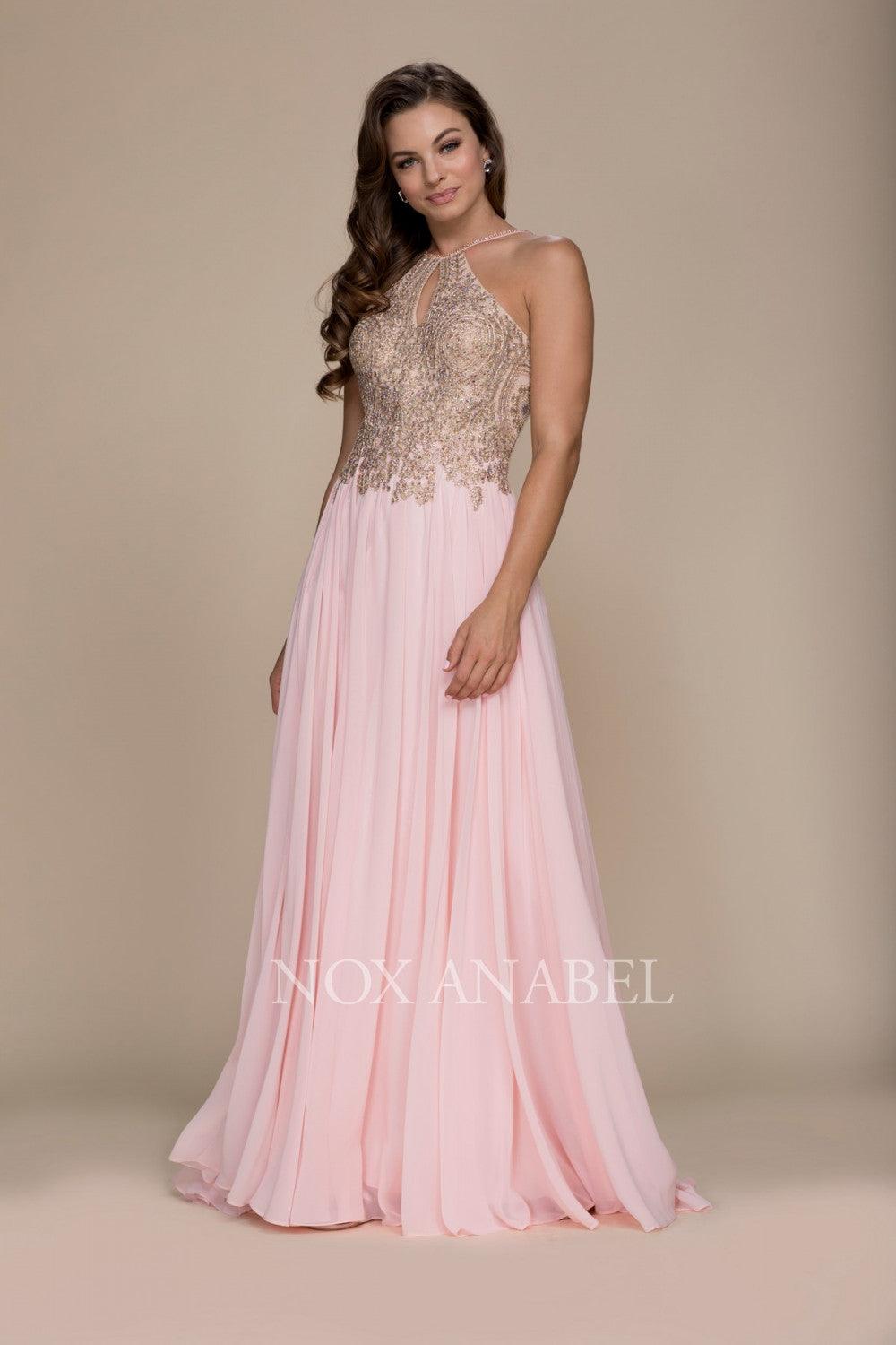 Long Open Back Dress With Appliquéd Bodice - The Dress Outlet Nox Anabel