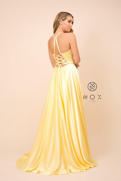 Long Open Back Formal Prom Dress Evening Gown Pockets - The Dress Outlet Nox Anabel