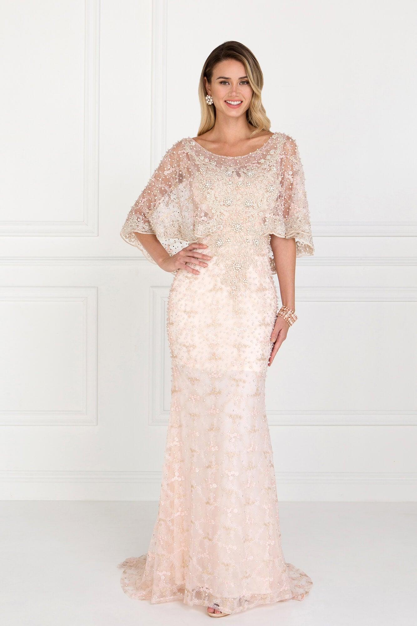 GLS Long Plus Size Cape Sleeve Formal Prom Gown - Blush - XS - Illusion Bateau Neckline GLS Long Plus Size Cape Sleeve Formal Prom Gown - Blush - XS - Illusion Bateau Neckline