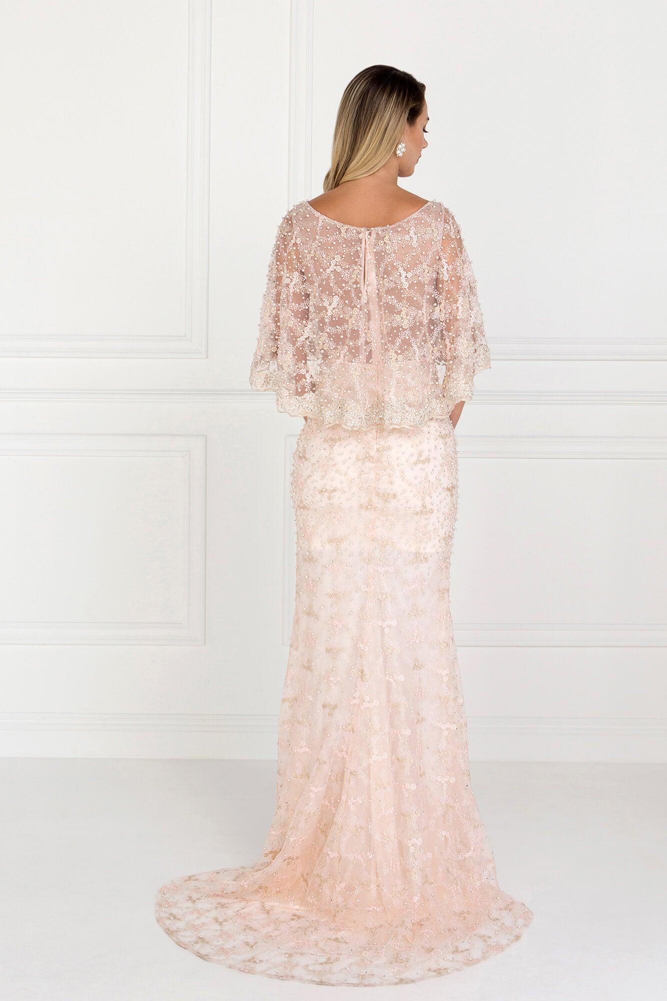 Long Plus Size Cape Sleeve Formal Prom Gown