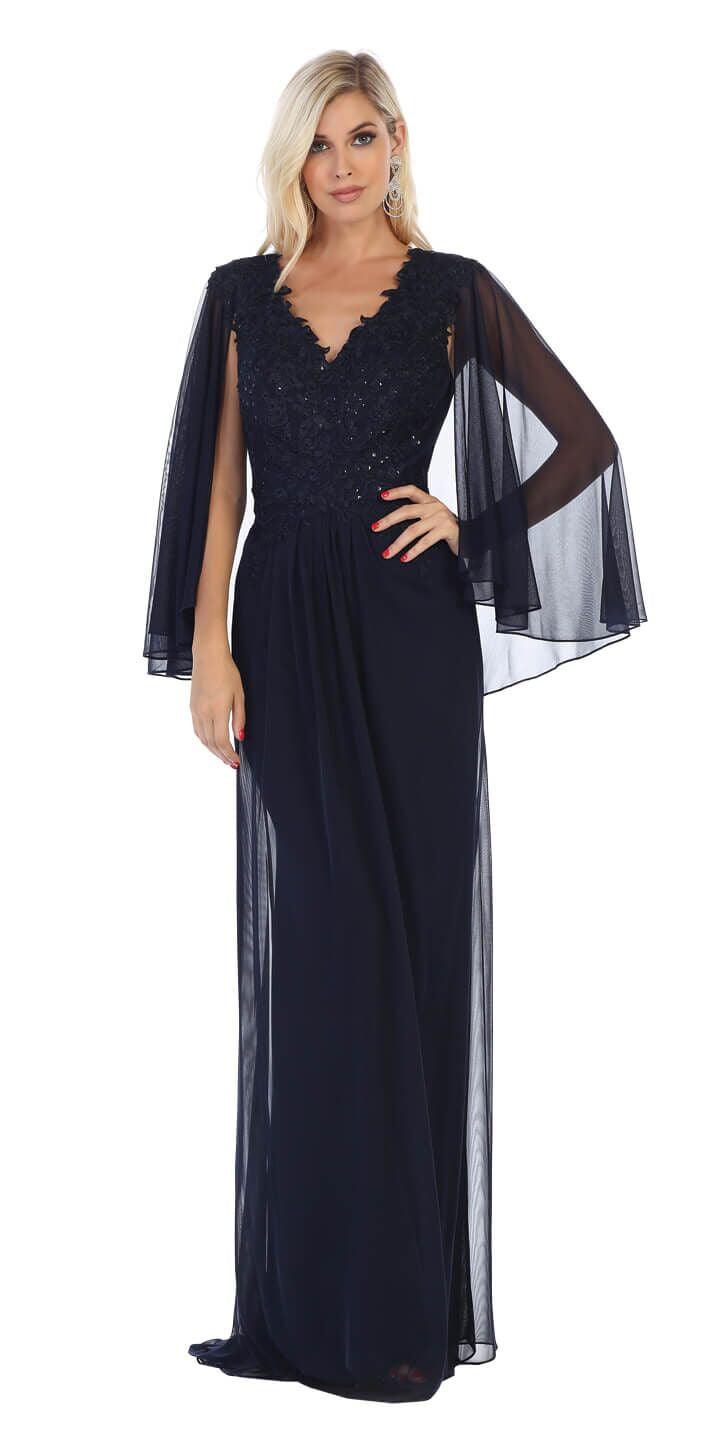 Long Plus Size Mother of the Bride Formal Cape Dress - The Dress Outlet May Queen