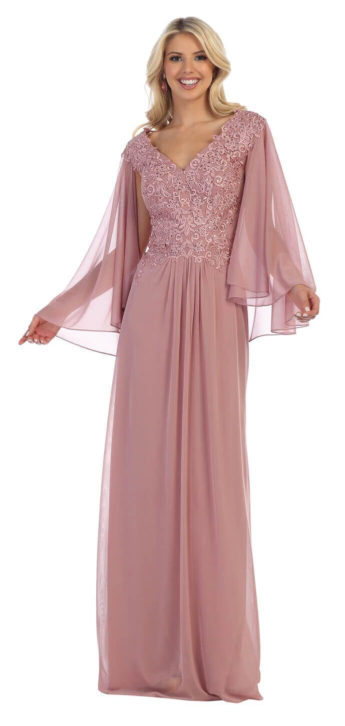 Long Plus Size Mother of the Bride Formal Cape Dress - The Dress Outlet May Queen