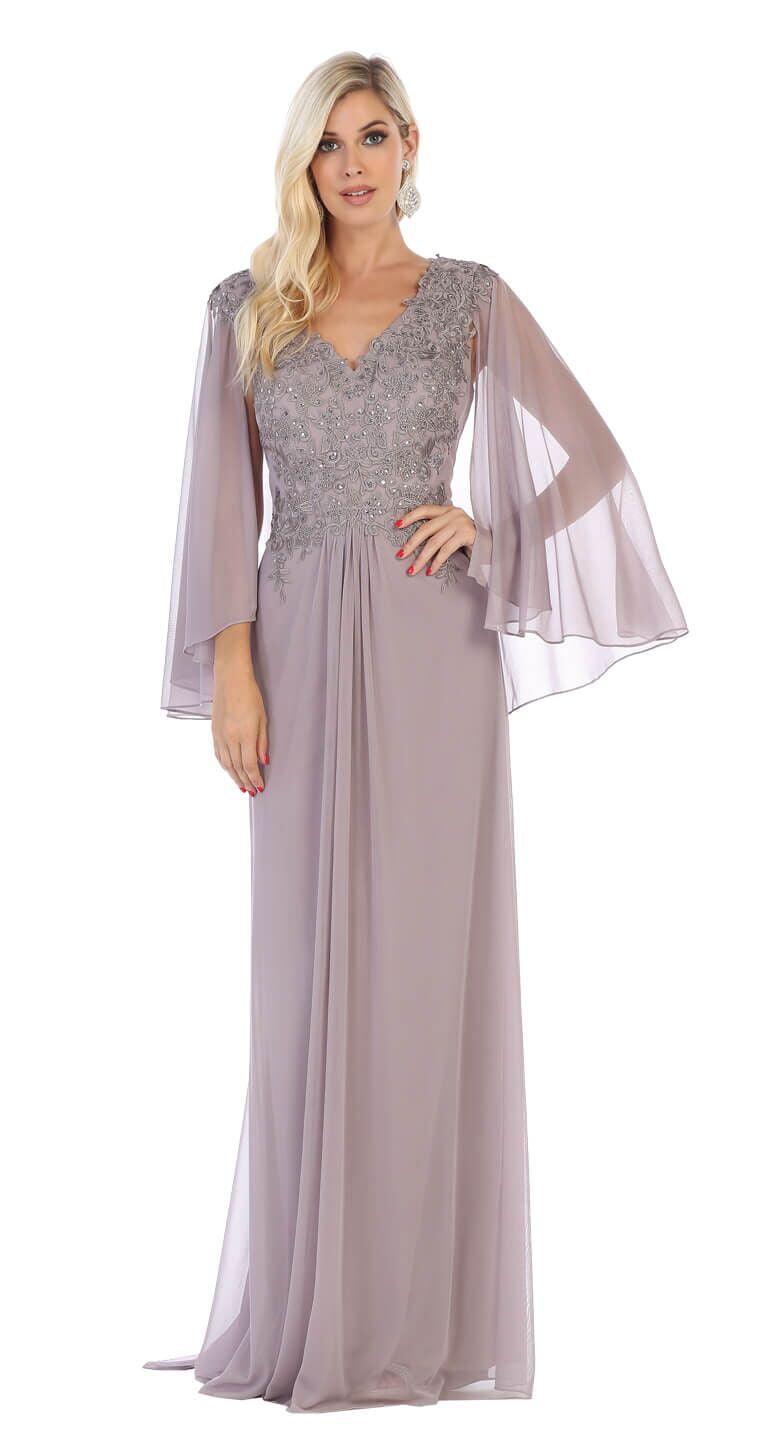Long Plus Size Mother of the Bride Formal Cape Dress - The Dress Outlet May Queen