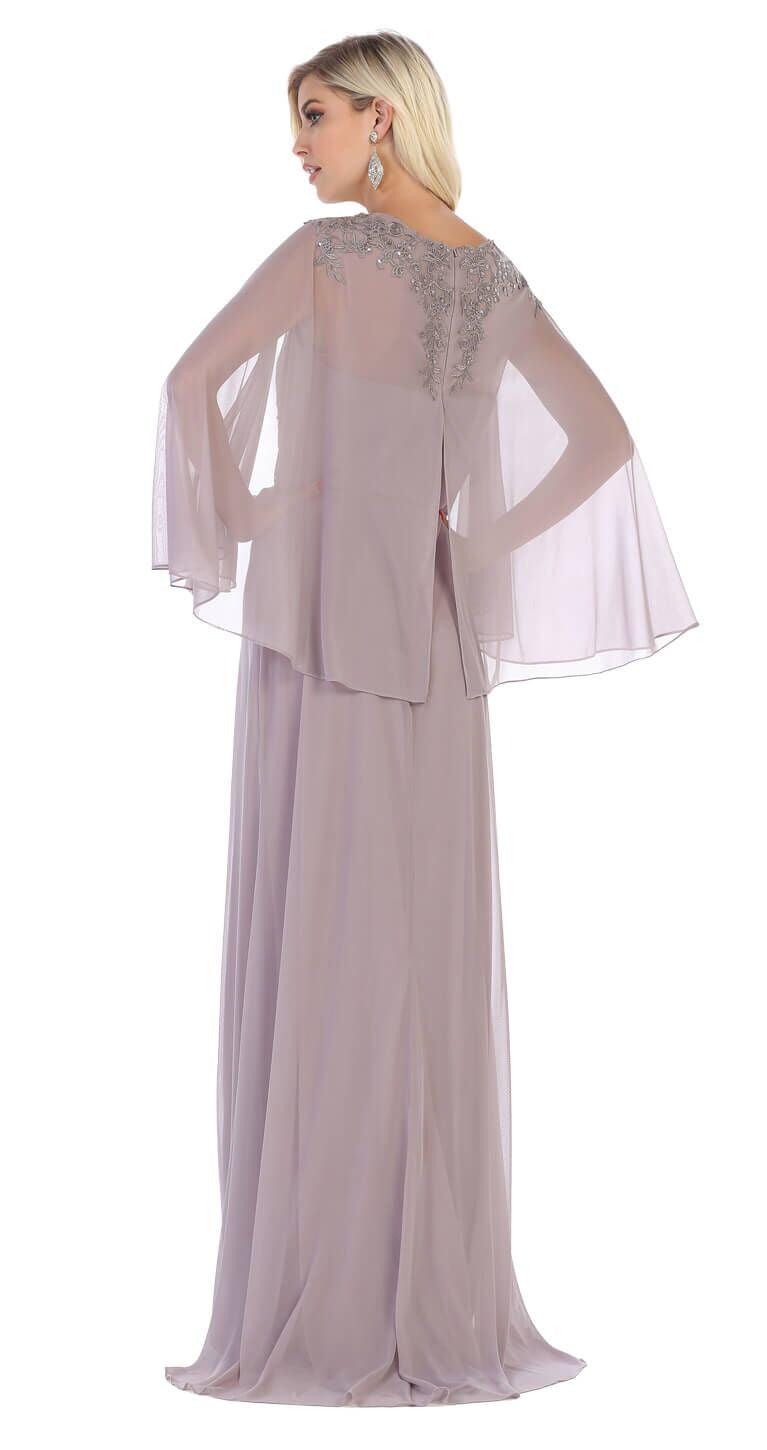 Long Plus Size Mother of the Bride Formal Cape Dress - The Dress Outlet May Queen