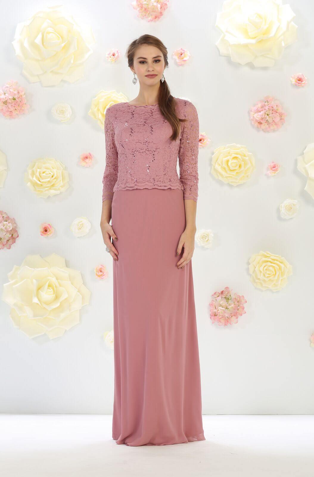 Long Plus Size Mother of the Bride Formal Dress with Sleeves - The Dress Outlet May Queen