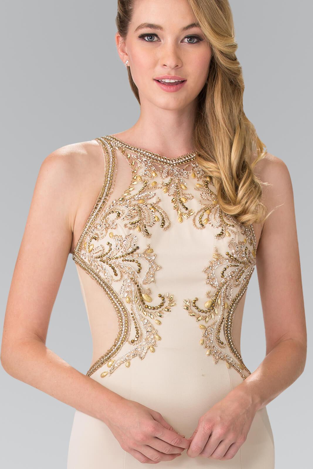 GLS Long Prom Beaded Halter Formal Evening Dress - Champagne - Size L