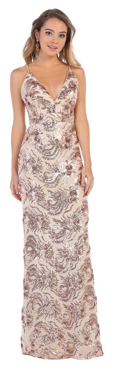 Long Prom Dress Deep V Neck Sequined Evening Gown - The Dress Outlet May Queen
