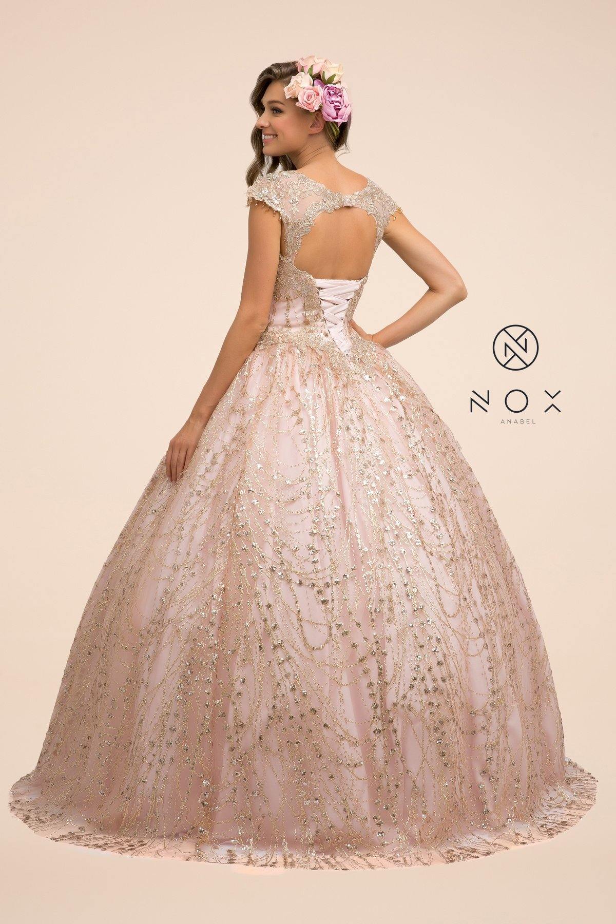 Glitter Cap Sleeve Lace A-Line Long Ball Gown Party Prom Dresses