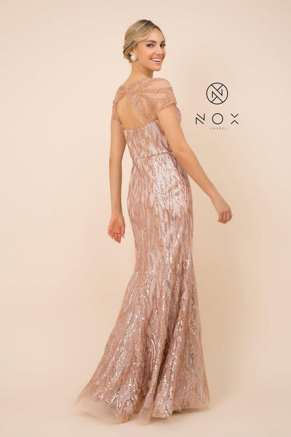 Long Prom Dress Sequin Print Trumpet Gown Rose Gold