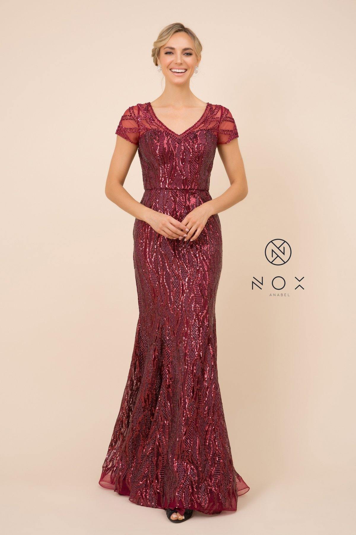 Long Prom Dress Sequin Print Trumpet Gown Burgundy